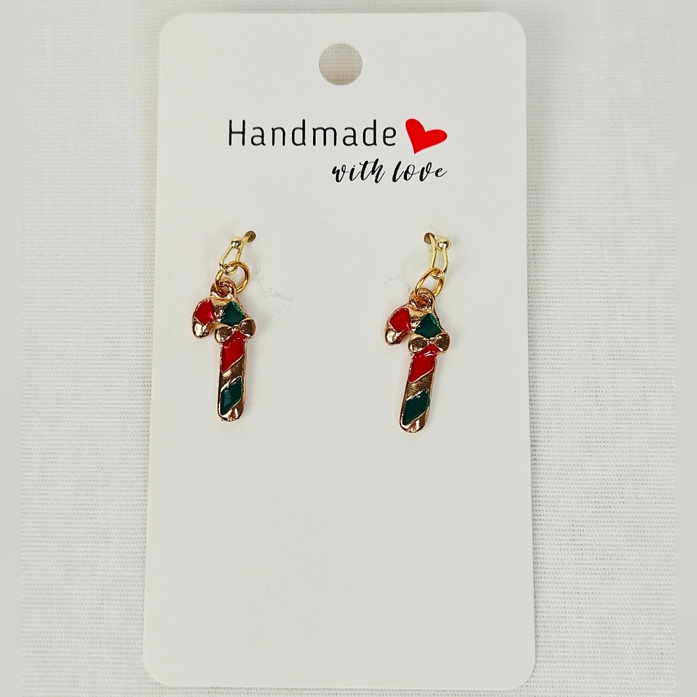 Candy Cane Bow Dangle Earrings Red Green Enamel Gold Christmas Holiday - Picture 2 of 3